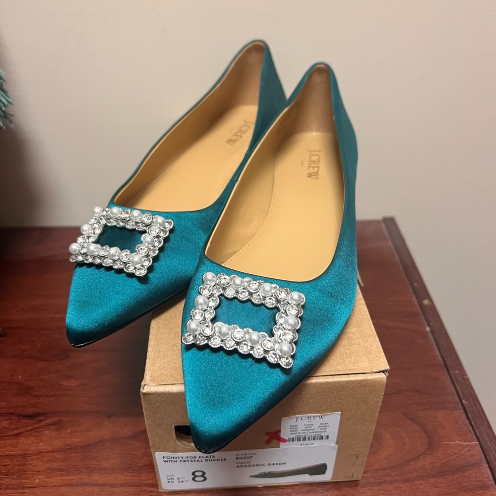 J. Crew Factory Green Satin Bejeweled Flats NIB